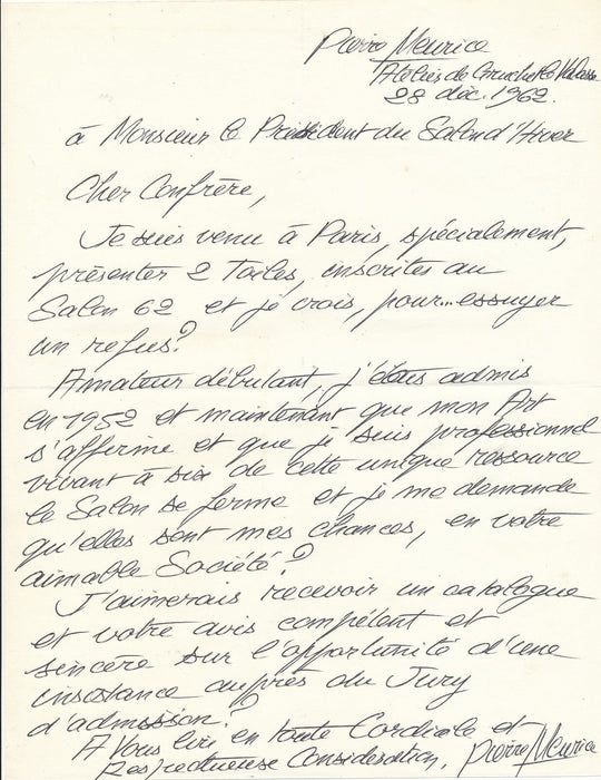 Pierre MEURICE peintre lettre autographe graveur DANIEL-GIRARD salon Hiver