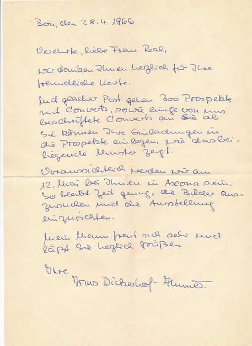 Suisse Urs DICKERHOF Lettre autographe signée galerie Gisèle Réal Ascona