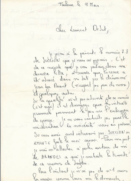 Revue SUCCION 7/8 1975 et lettre et manuscrit adressée à Laurent Debut