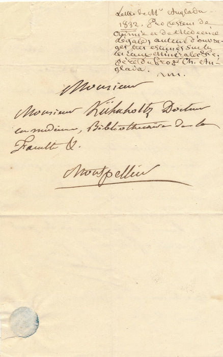 Joseph ANGLADA chimiste Montpellier Lettre autographe signée KUHNHOLTZ 