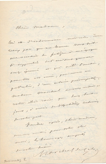 Marchal de Calvi lettre autographe signée ordonnance leçon réponse autographe