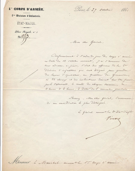 Militaire Joseph Vinoy général lettre signée 1861 Magnan leçon équitation