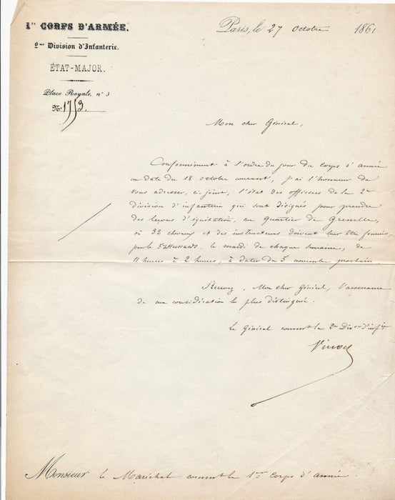 Militaire Joseph Vinoy général lettre signée 1861 Magnan leçon équitation
