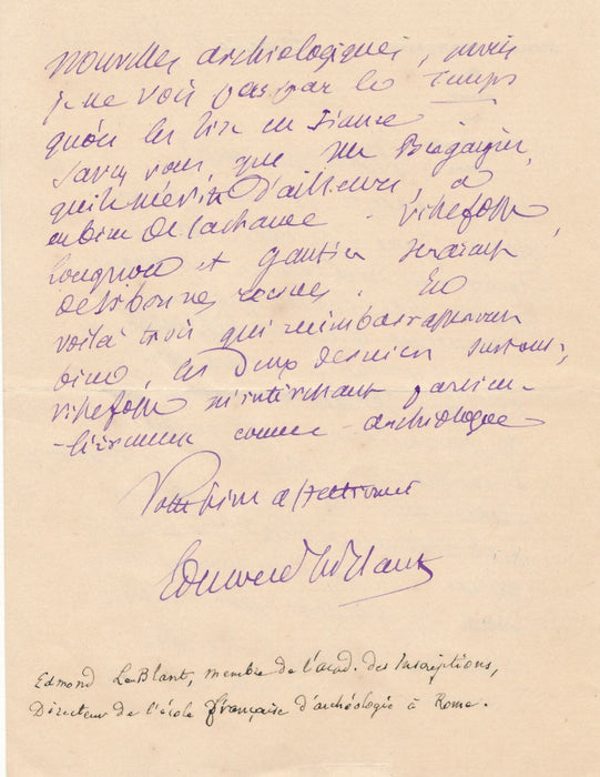 E. LE BLANT lettre autographe signée découvertes Gautier Villefosse archéologie