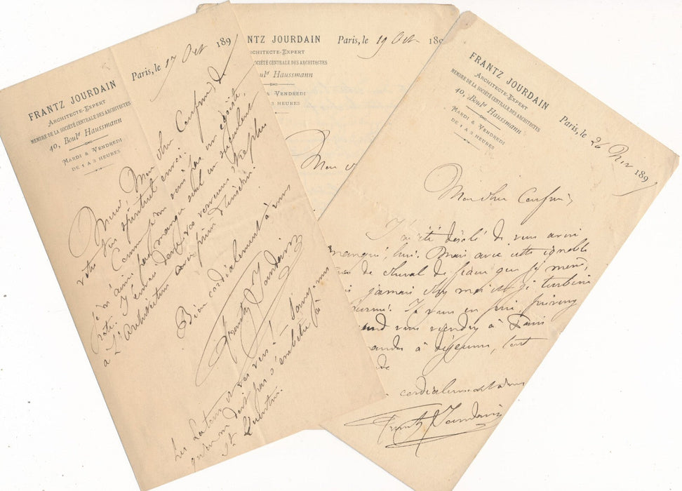 Frantz JOURDAIN architecte 3 lettres autographes signées Joachim MALÉZIEUX