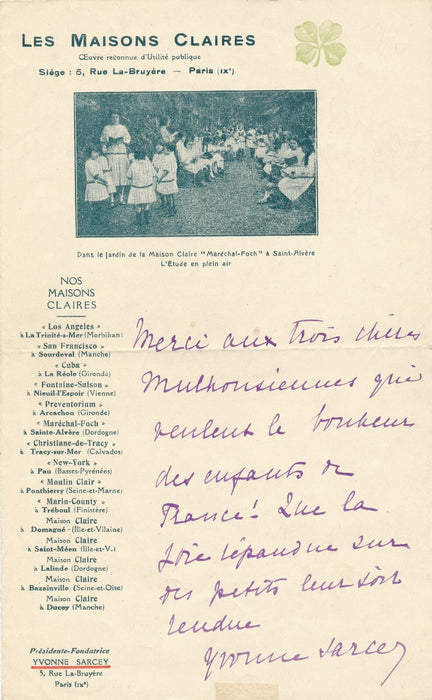 Yvonne SARCEY billet autographe Maisons Claires sur document d'époque Annales