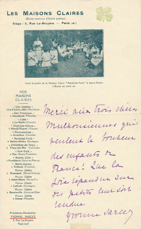 Yvonne SARCEY billet autographe Maisons Claires sur document d'époque Annales