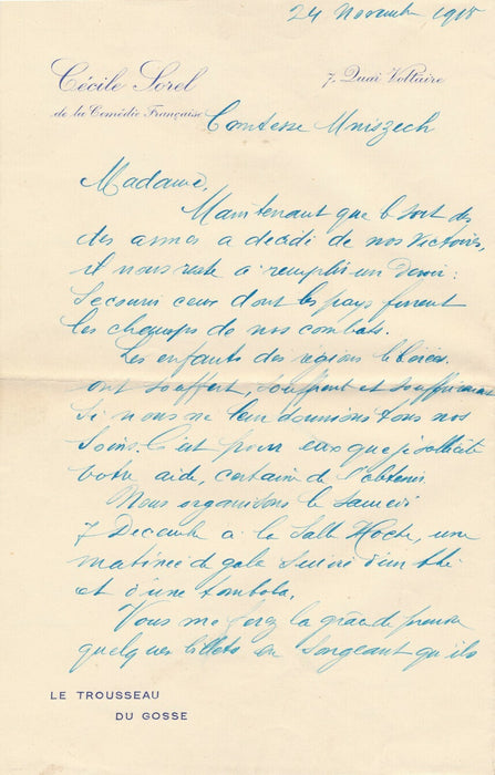 Cécile SOREL belle lettre autographe signée comtesse Mniszech aide enfants
