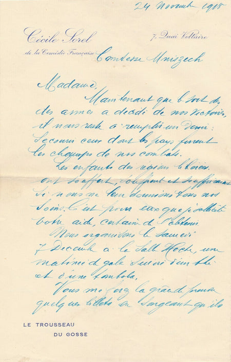 Cécile SOREL belle lettre autographe signée comtesse Mniszech aide enfants