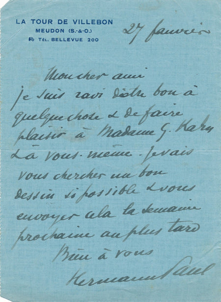 peintre HERMANN-PAUL cherche un bon dessin pour Gustave KAHN lettre autographe