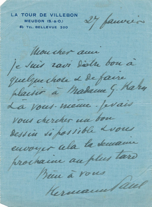 peintre HERMANN-PAUL cherche un bon dessin pour Gustave KAHN lettre autographe