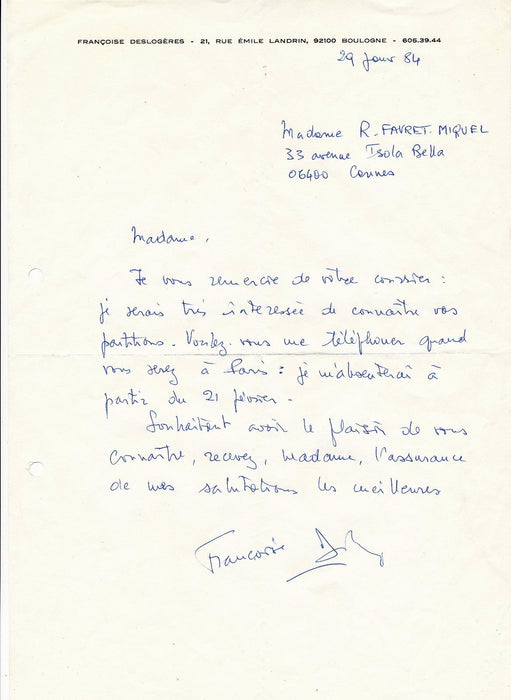Musique Françoise Deslogères ondes Martenot 2 lettres autographes signées