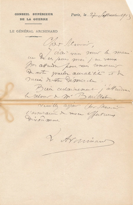 Louis ARCHINARD général, colonisation Soudan français lettre autographe signée