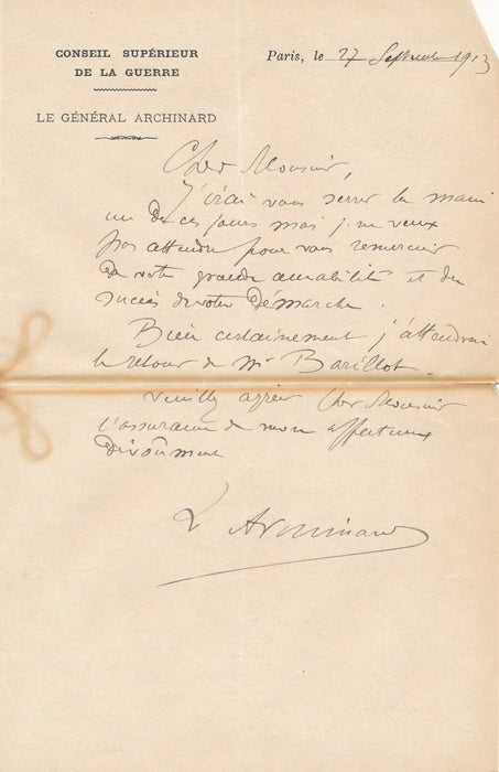 Louis ARCHINARD général, colonisation Soudan français lettre autographe signée