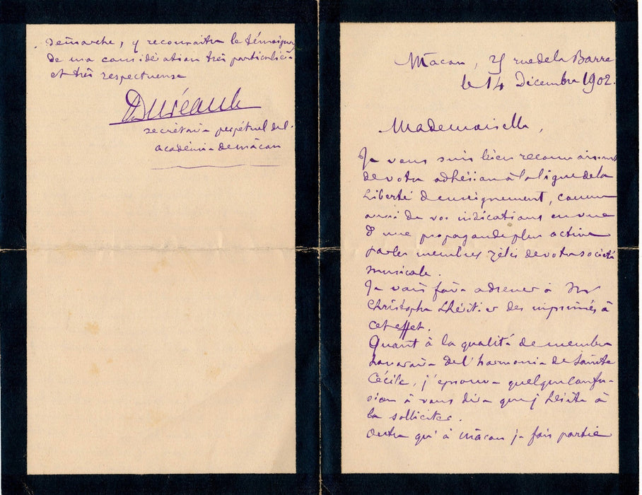 Armand Duréault Mâcon Académie Correspondance 4 lettres femme féminisme Blanchet