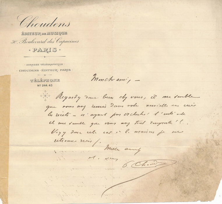 Paul CHOUDENS fils Antoine éditeur de musique Paris 7 lettres Bizet Don Procapio