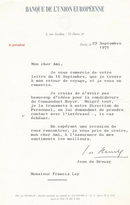 Banque Jean de DREUZY Union européenne lettre signée carte autographe