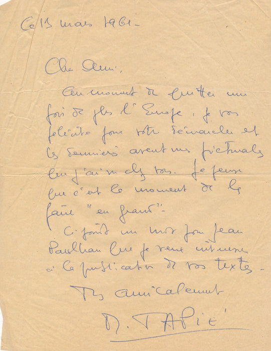 Michel TAPIÉ critique d'art défend Jean Lepatre 2 lettres autographes signées