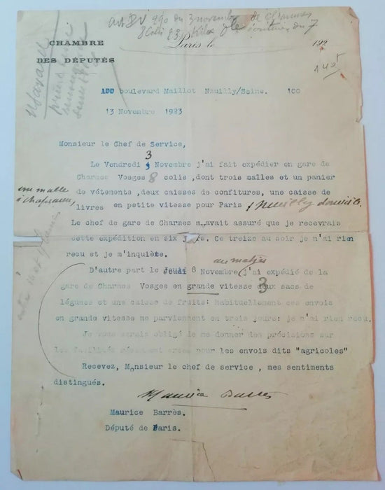 Maurice Barrès 6 lettres autographes 1 lettre signée Allemagne poste La Ramée