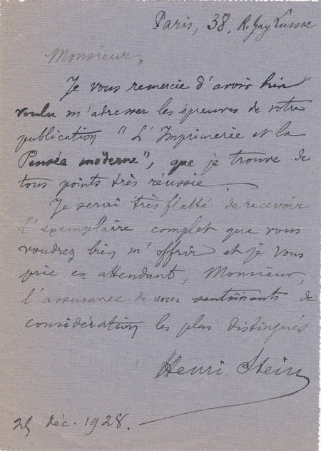 Henri Stein historien archiviste 2 lettres autographes signées Imprimerie
