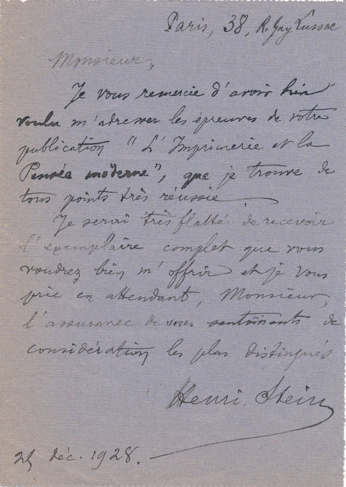 Henri Stein historien archiviste 2 lettres autographes signées Imprimerie