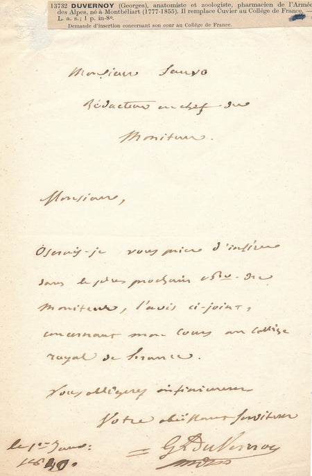 Georges DUVERNOY Lettre autographe signée demande insertion Moniteur zoologiste