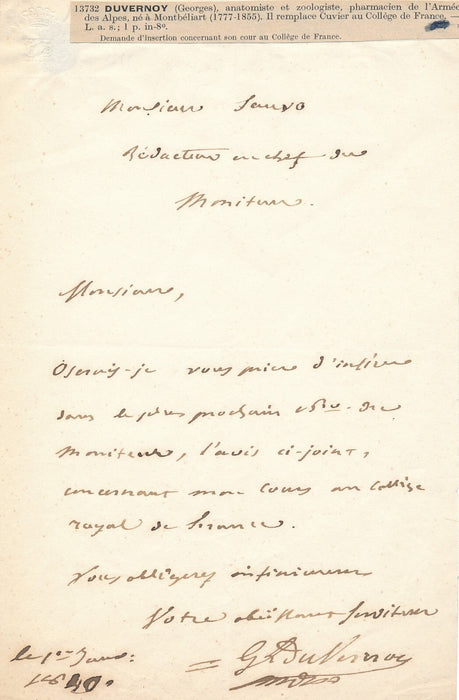 Georges DUVERNOY Lettre autographe signée demande insertion Moniteur zoologiste