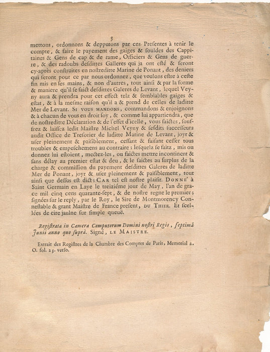 Lettres portant règlement des galères 13 may 1547 acte royal Henri II