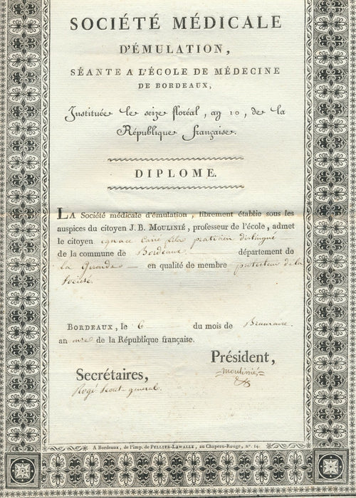 3 certificats signés Antoine Ignace Bonaventure Carrié Carrie chimie chrirurgie