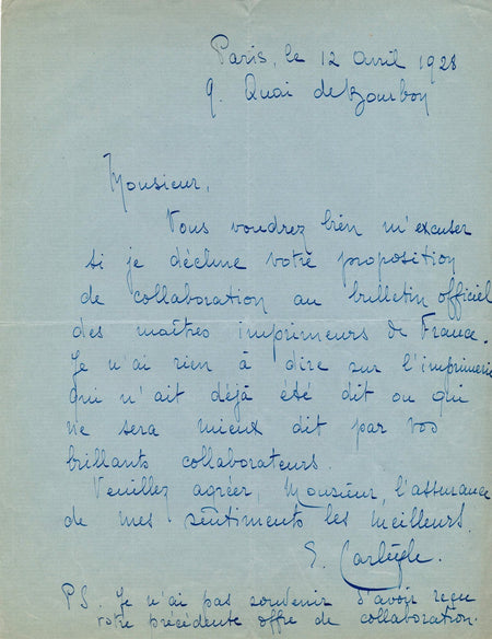 Carlègle Egli 2 lettres autographes signées à René Billoux imprimerie article
