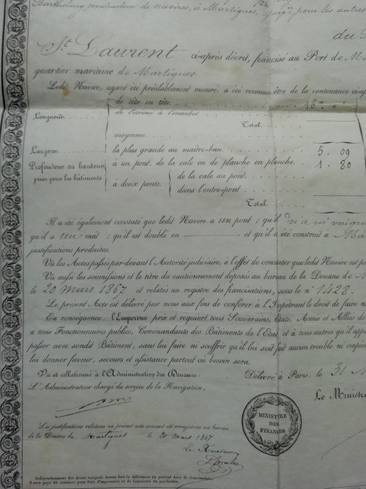 Acte signé Rouher francisation navire Saint Laurent Martigue Martigues 1867