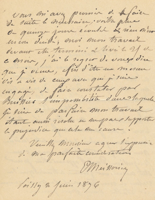 Ernest MEISSONIER ne peut pas travailler dans son jardin lettre autographe