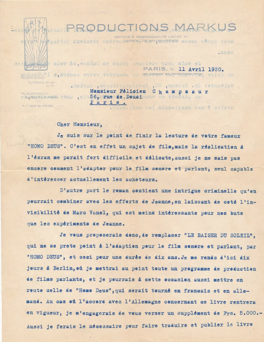 Dr S. Markus producteur films Zurich 2 lettres signées adaptation film Champsaur