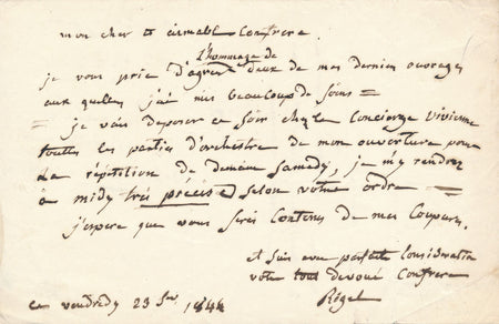 Henri Joseph RIGEL compositeur à Antoine Amable ELWARD lettre autographe signée