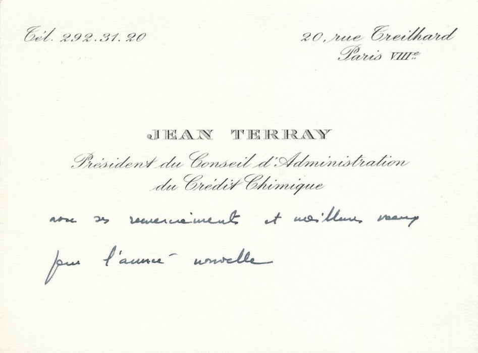 Banque Jean TERRAY Lettre signée carte autographe visite photo Crédit chimique