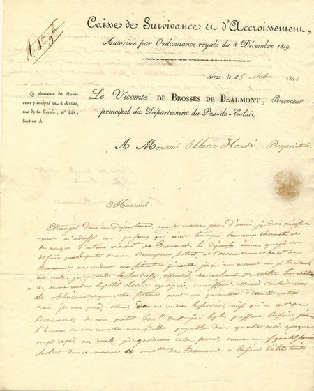Vicomte de Brosses de Beaumont lettre autographe signée Arras manque d'argent !