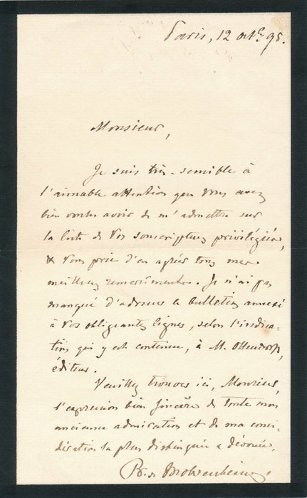 Arthur PAVLOVITCH baron de MOHRENHEIM diplomatie Russe lettre autographe signée