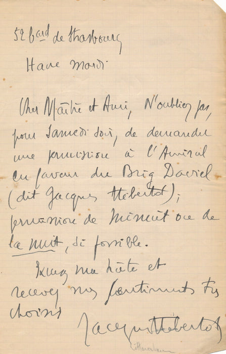 Jacques HEBERTOT Lettre autographe signée : il demande une permission de minuit 
