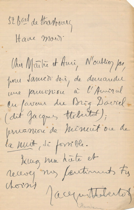 Jacques HEBERTOT Lettre autographe signée : il demande une permission de minuit 