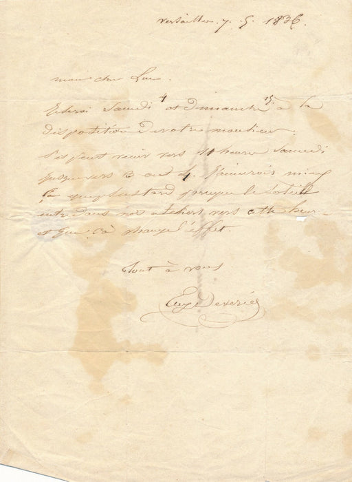 Eugène DEVÉRIA Lettre autographe signée le soleil dans son atelier