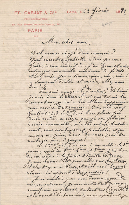 Étienne CARJAT est privé de théâtre Odéon ! lettre autographe signée humour