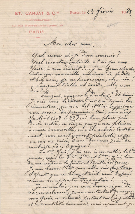 Étienne CARJAT est privé de théâtre Odéon ! lettre autographe signée humour