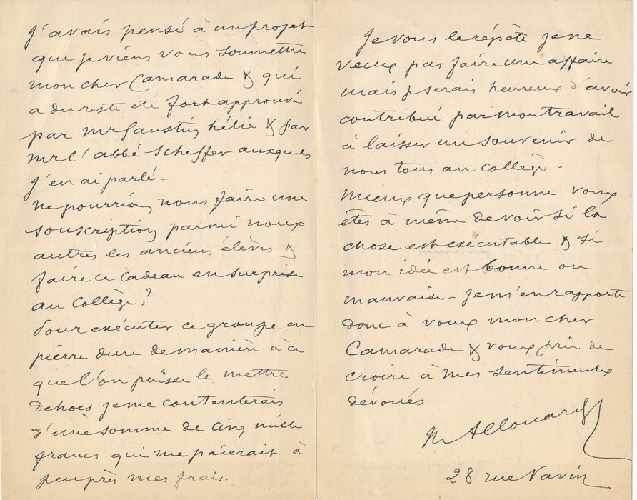 Henri Émile ALLOUARD offre une sculpture au collège Stanislas lettre autographe