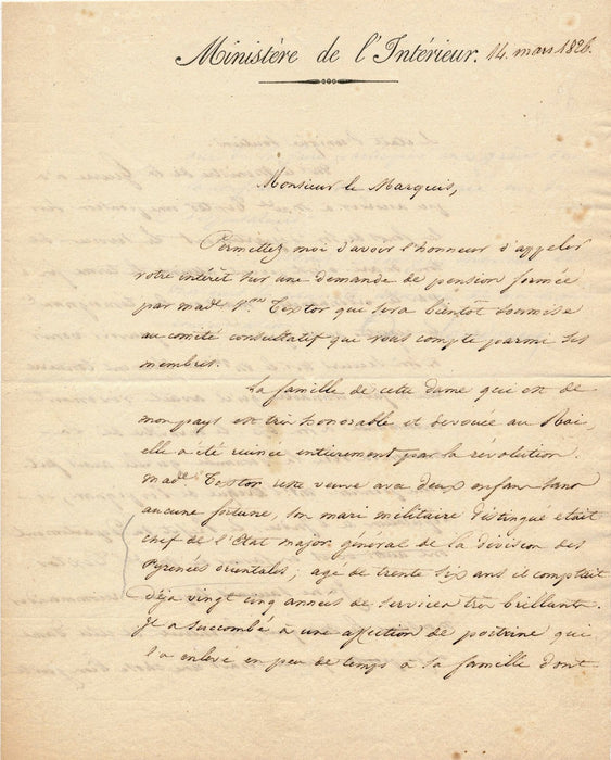 De Lourdoueix ministère de l’Intérieur Lettre signée 1826 demande de pension