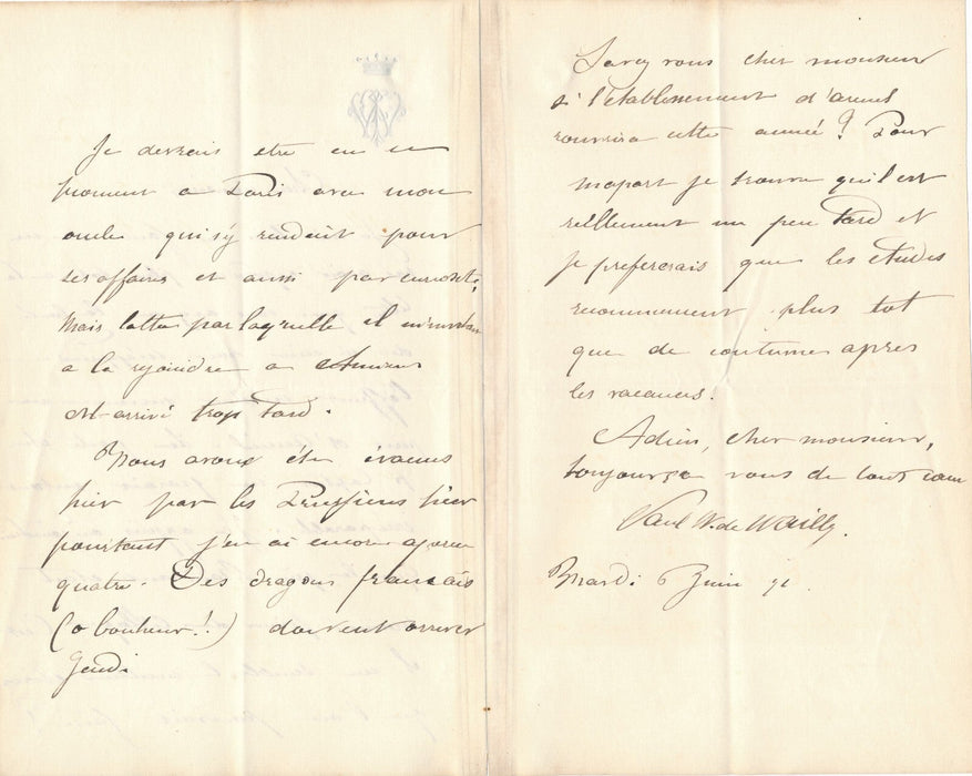 Paul de WAILLY 3 lettres autographes jeunesse guerre france Prusse commune