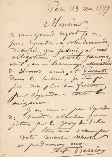 Félix-Joseph BARRIAS artistes pauvres, et il y en a beaucoup lettre autographe