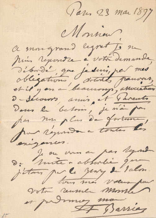 Félix-Joseph BARRIAS artistes pauvres, et il y en a beaucoup lettre autographe