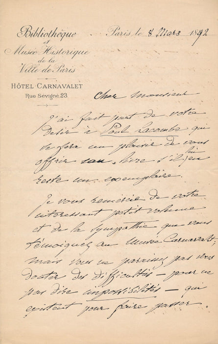 Jules COUSIN bibliothèque Carnavalet lettre autographe signée reliure journal