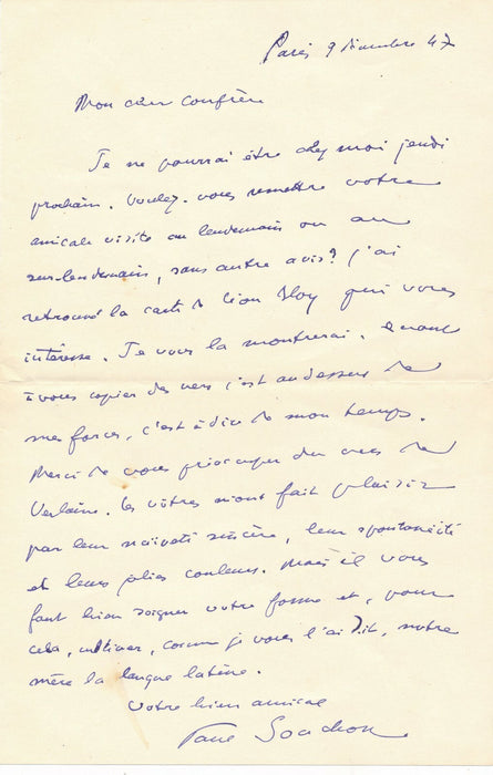 Paul SOUCHON 5 lettres autographes signées correspondance amicale Hugo travail