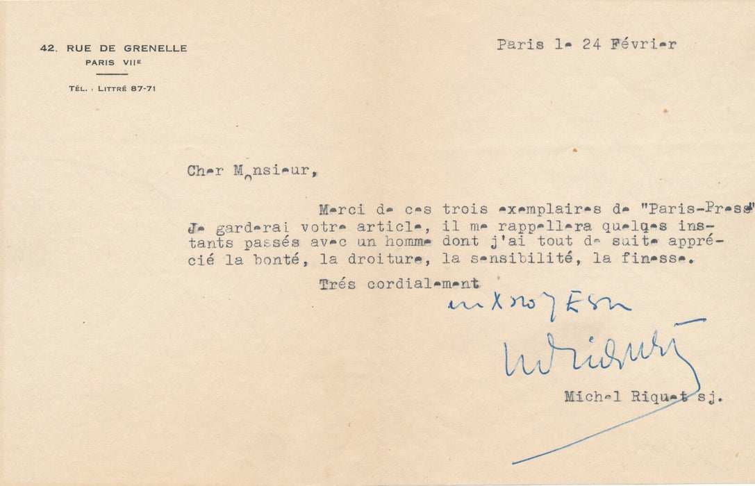 Michel RIQUET prêtre jésuite lettre signée à M. Gras remerciement